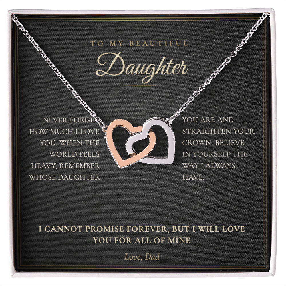 To My Daughter necklace from Dad, interlocking hearts pendant on a black keepsake message card