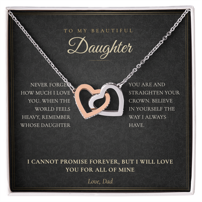 To My Daughter necklace from Dad, interlocking hearts pendant on a black keepsake message card