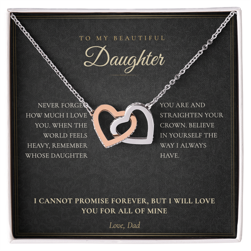 To My Daughter necklace from Dad, interlocking hearts pendant on a black keepsake message card