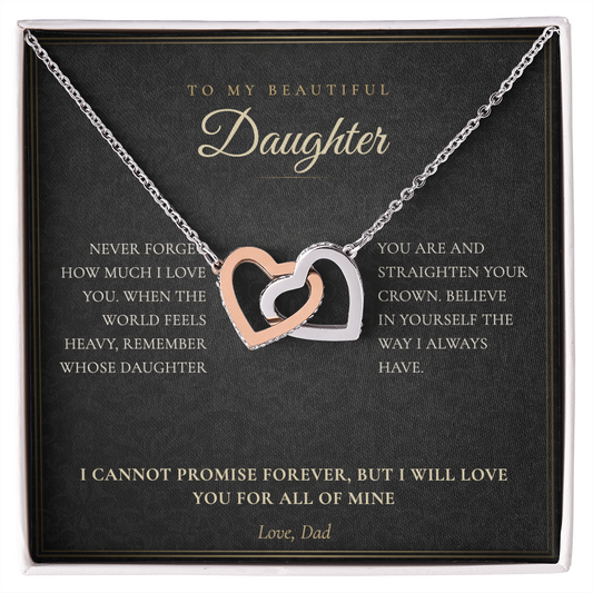 To My Daughter necklace from Dad, interlocking hearts pendant on a black keepsake message card