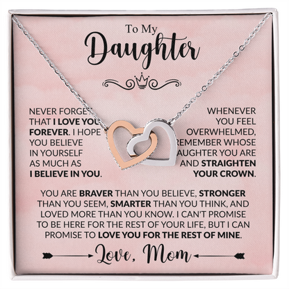 To My Daughter Necklace from Mom, Interlocking Hearts with Message Card