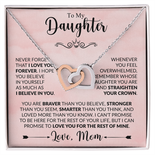 To My Daughter Necklace from Mom, Interlocking Hearts with Message Card