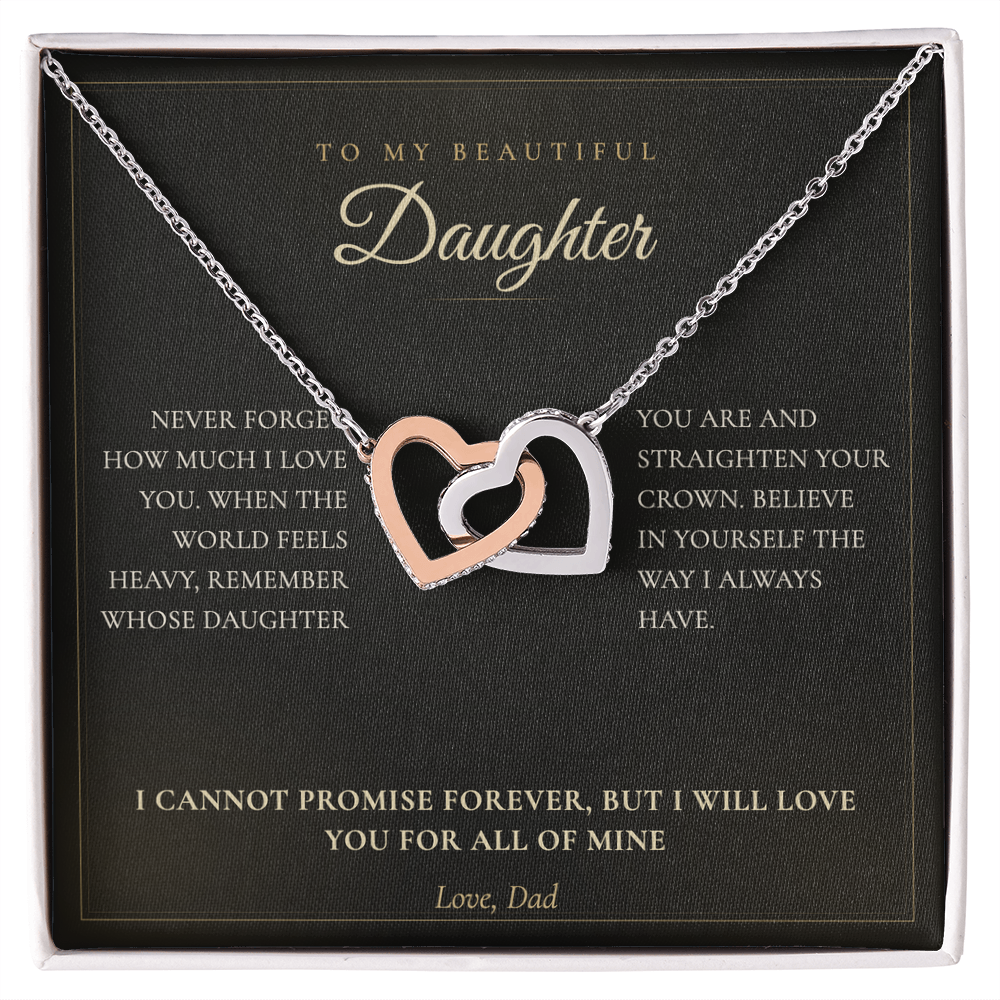 To My Daughter necklace from Dad, interlocking hearts on a black keepsake message card