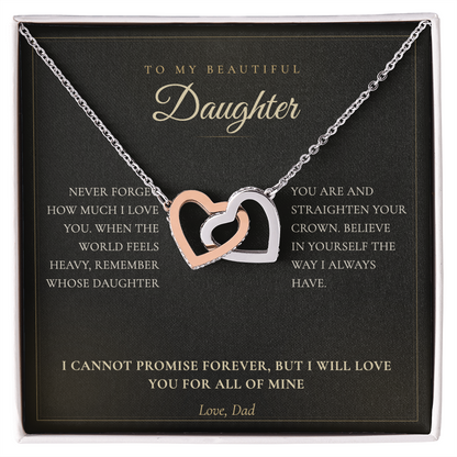 To My Daughter necklace from Dad, interlocking hearts on a black keepsake message card