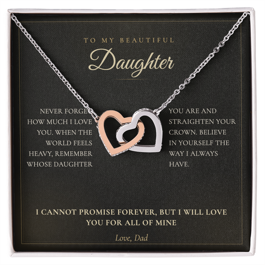 To My Daughter necklace from Dad, interlocking hearts on a black keepsake message card