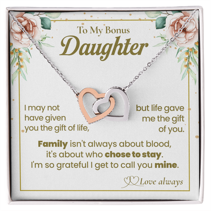 To My Bonus Daughter Necklace, Interlocking Hearts with Message Card