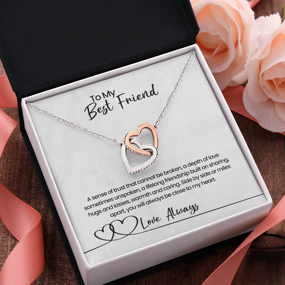 Collier pour ma meilleure amie, cœurs entrelacés avec carte message, cadeau d'anniversaire ou de Noël pour meilleure amie/sœur de cœur