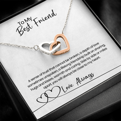 Ketting voor mijn beste vriendin, in elkaar grijpende harten met wenskaart, verjaardags- of vriendschapscadeau voor Kerstmis voor bestie of zielszus