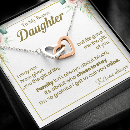 To My Bonus Daughter Necklace, Interlocking Hearts with Message Card