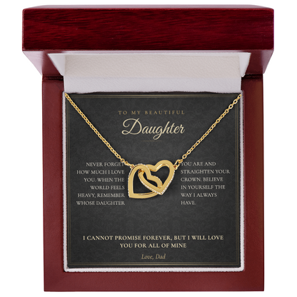 Gold interlocking hearts necklace on the To My Daughter from Dad message card