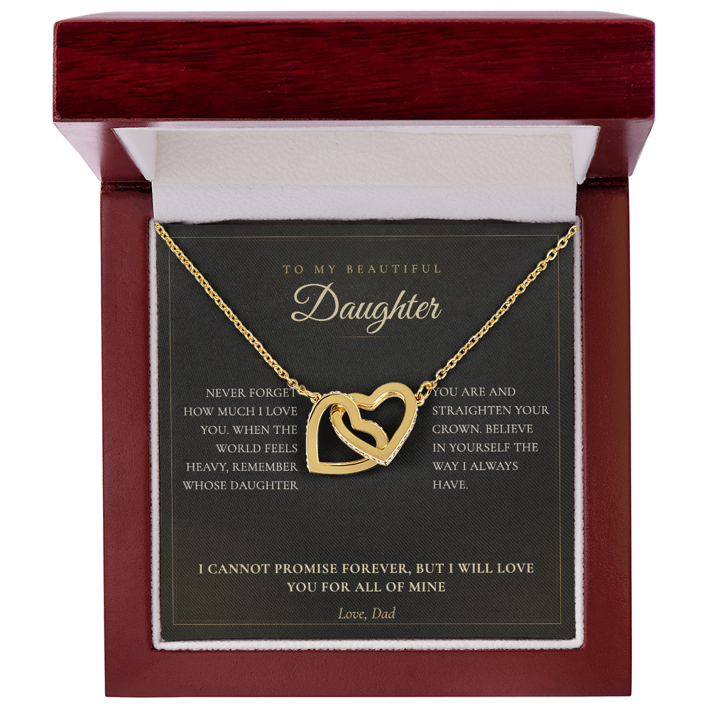 Gold interlocking hearts daughter necklace in an open mahogany LED gift box