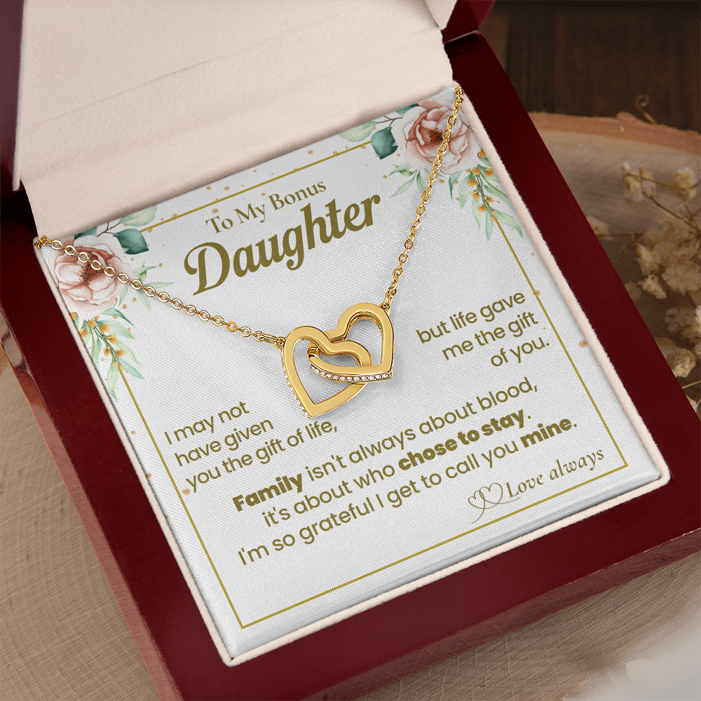 To My Bonus Daughter Necklace, Interlocking Hearts with Message Card
