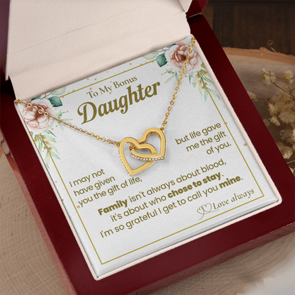 To My Bonus Daughter Necklace, Interlocking Hearts with Message Card