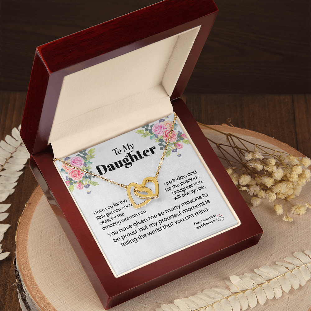 To My Daughter Necklace from Mom, Interlocking Hearts with Message Card, Sentimental Birthday Christmas Proud of You Gift for Daughter
