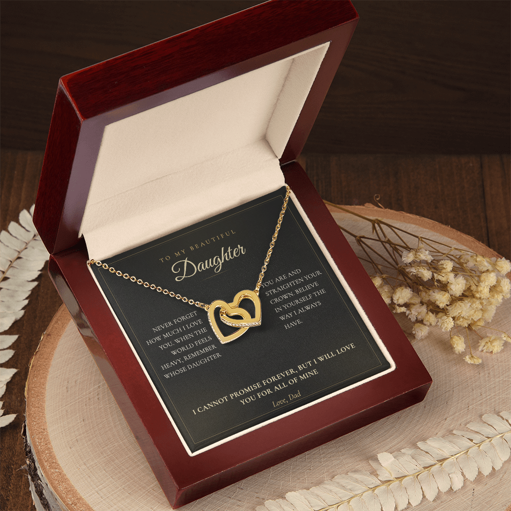 Daughter necklace gift box styled with pearls, interlocking hearts on the black card