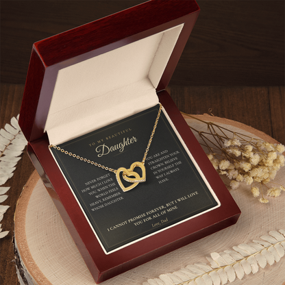 Daughter necklace gift box styled with pearls, interlocking hearts on the black card