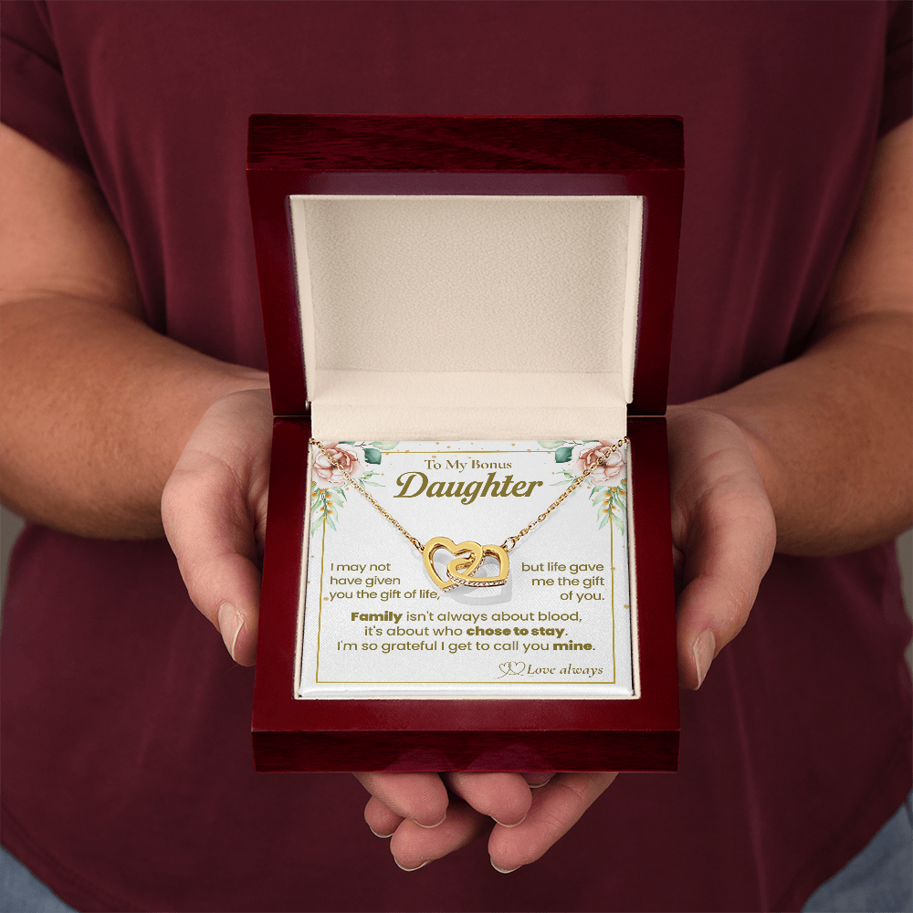 To My Bonus Daughter Necklace, Interlocking Hearts with Message Card