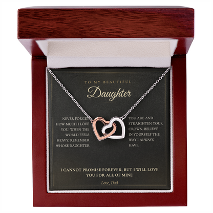 Silver interlocking hearts daughter necklace in an open mahogany LED gift box