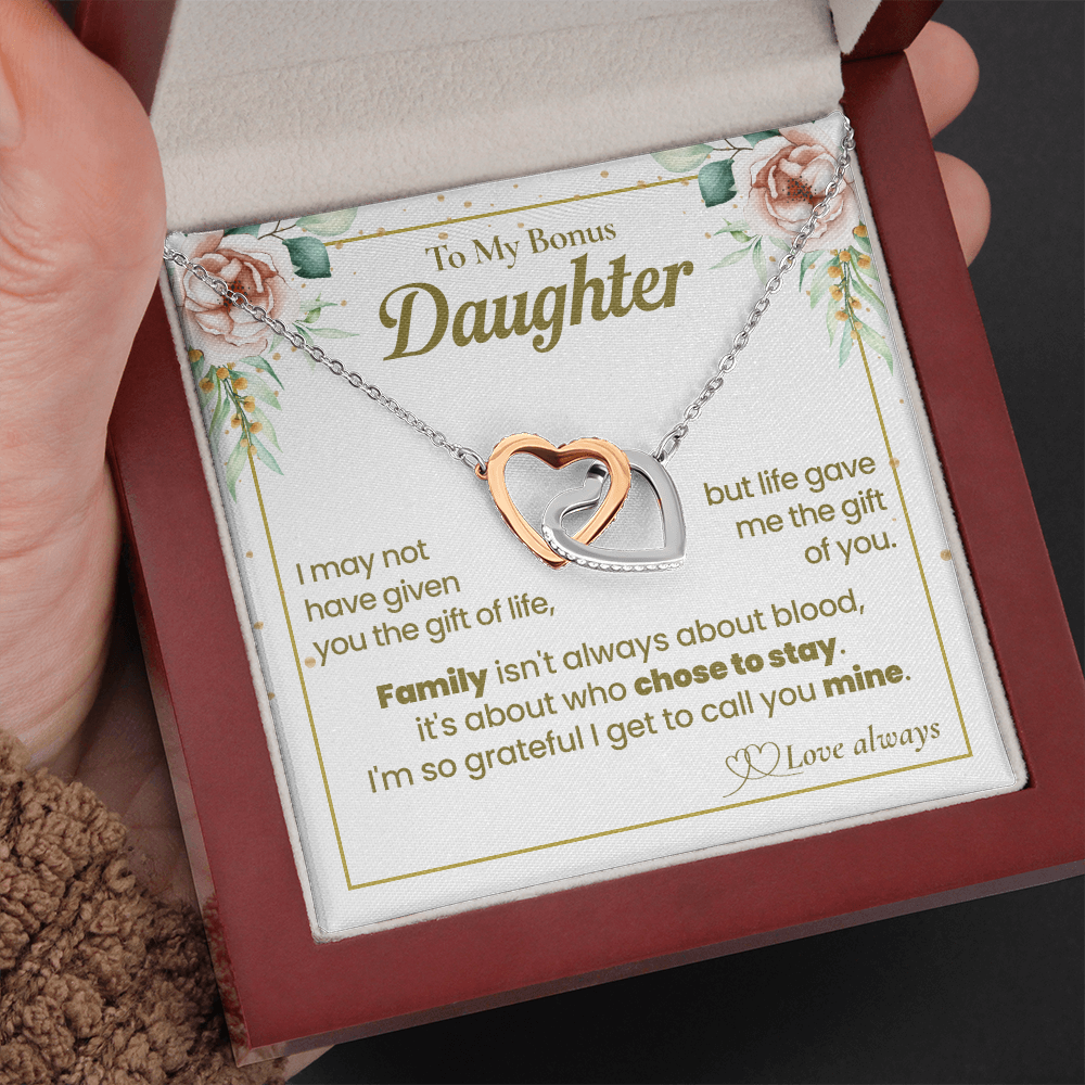 To My Bonus Daughter Necklace, Interlocking Hearts with Message Card