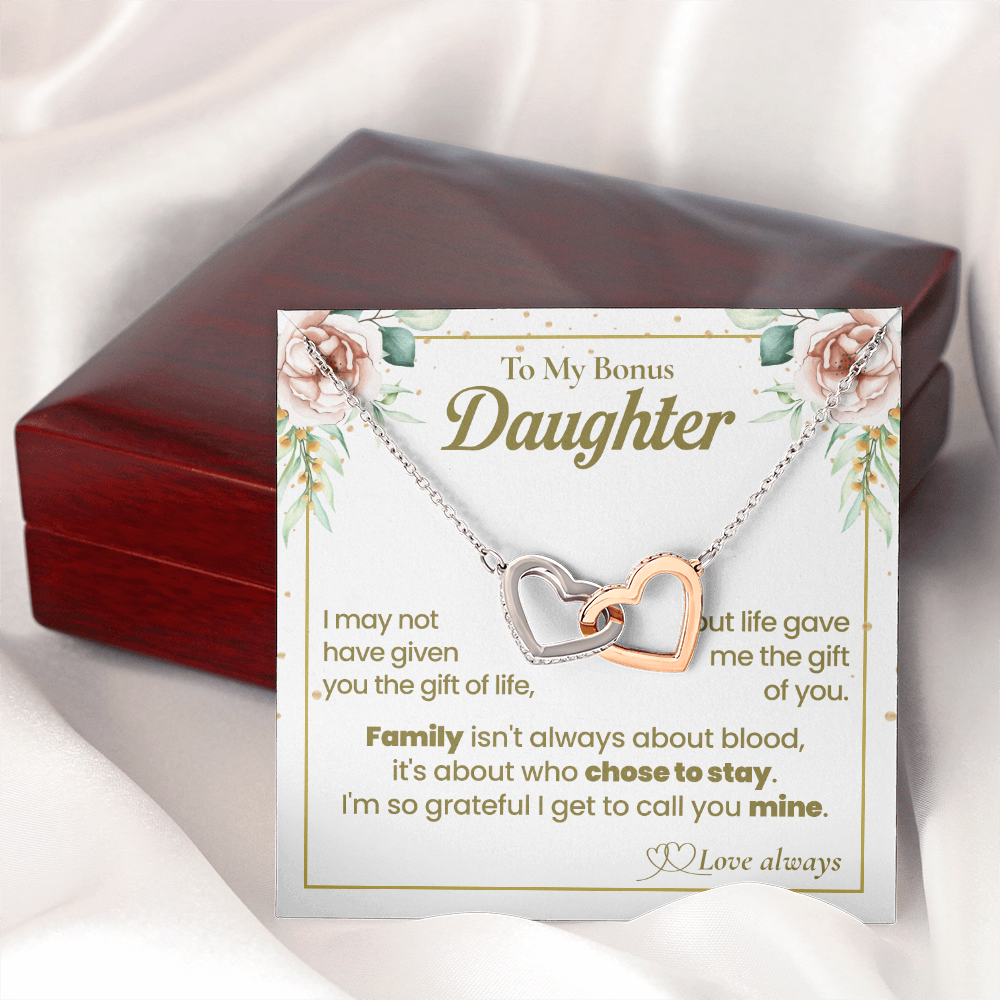 To My Bonus Daughter Necklace, Interlocking Hearts with Message Card
