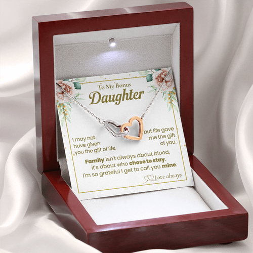 To My Bonus Daughter Necklace, Interlocking Hearts with Message Card