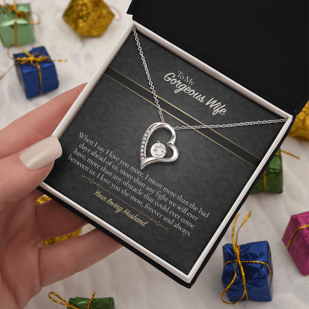 To My Gorgeous Wife Necklace from Husband, Forever Love Pendant with Message Card, Anniversary Birthday Valentines Christmas Gift for Wife